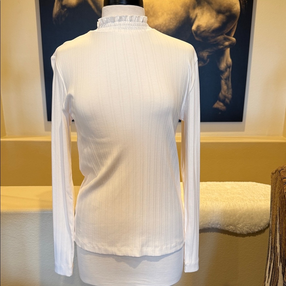 LOFT White Ribbed Ruffled Mock Neck Long Sleeve Top